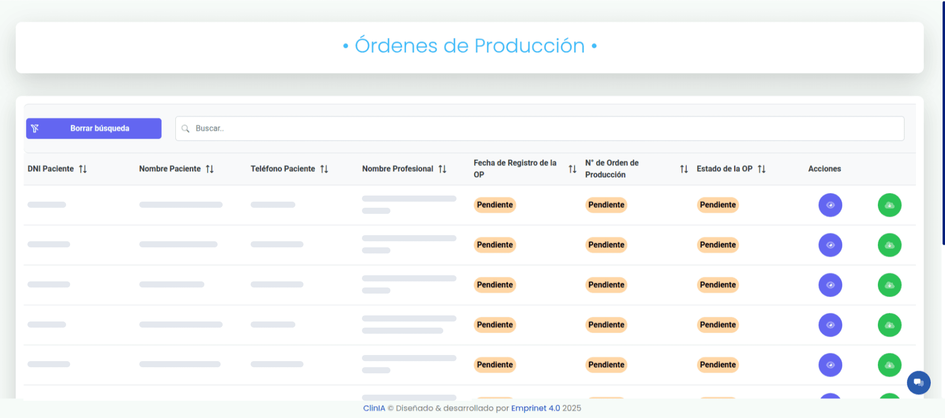 Listado de órdenes de producción del módulo PAMI de ClinIA, con los datos personales ocultos