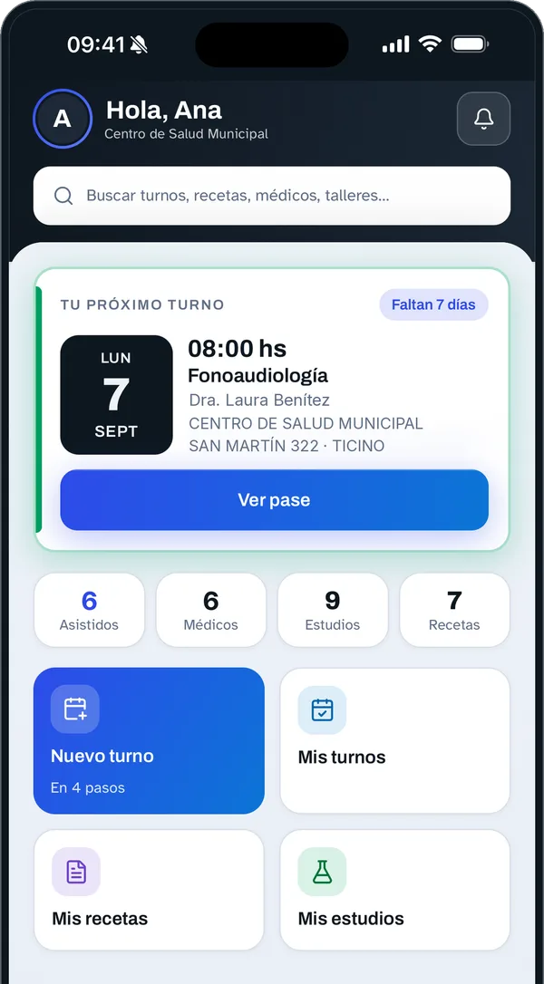 Pantalla de inicio de la app de pacientes de ClinIA, con datos de ejemplo